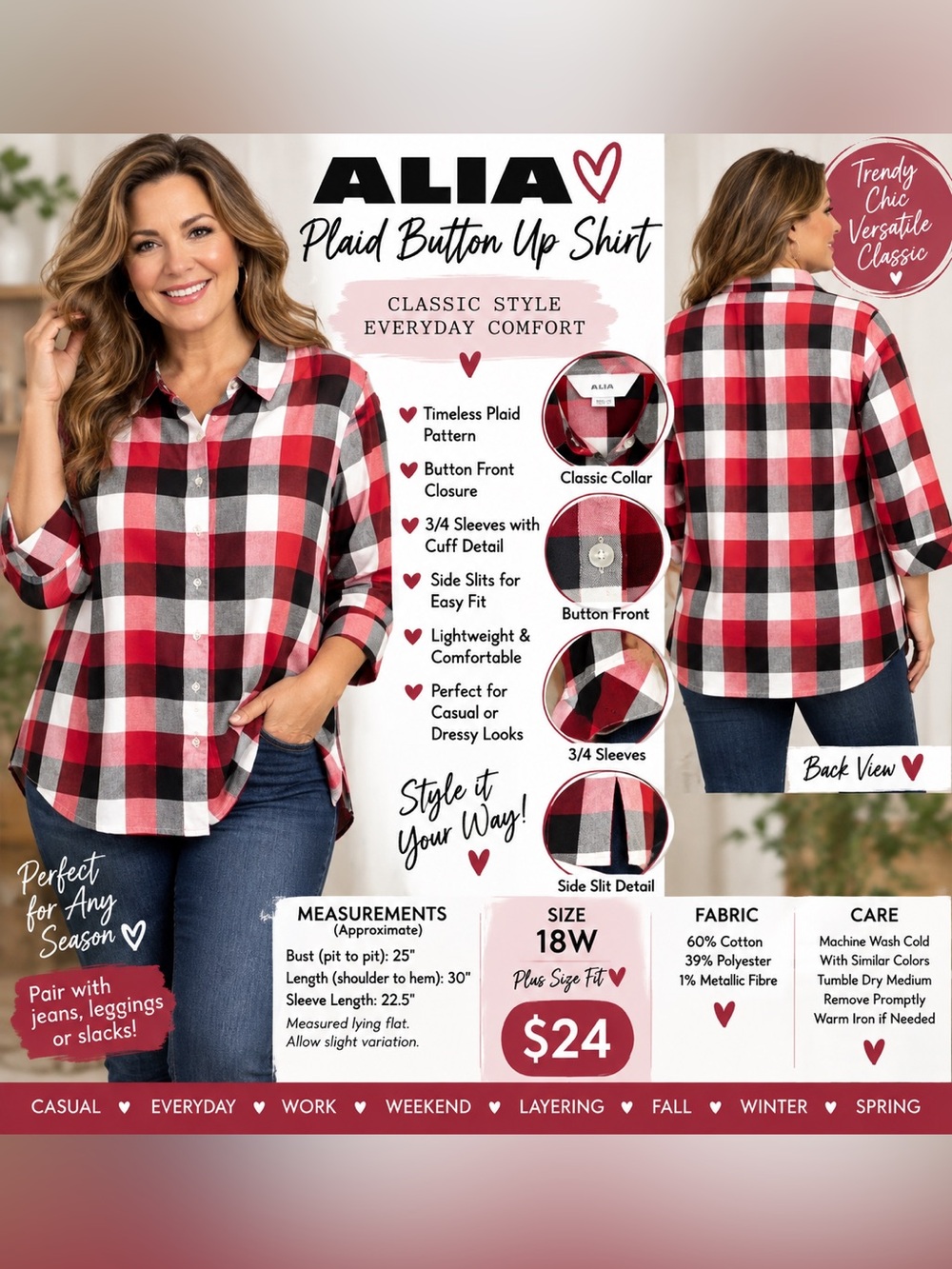 Alia Red Black White Plaid Button-Down Shirt